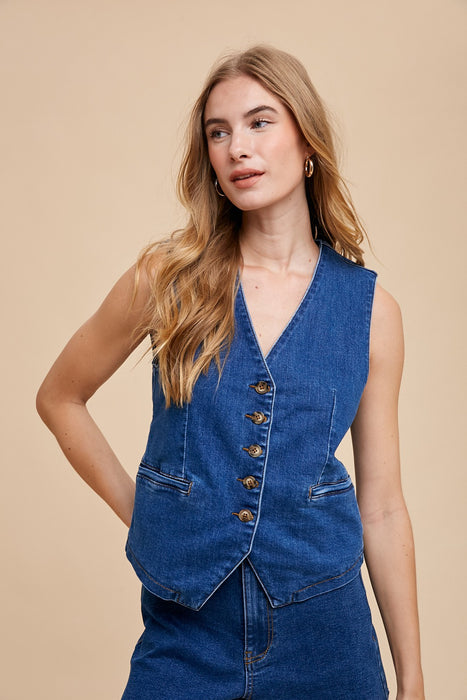 Dark Washed Button Down Vest- SALE