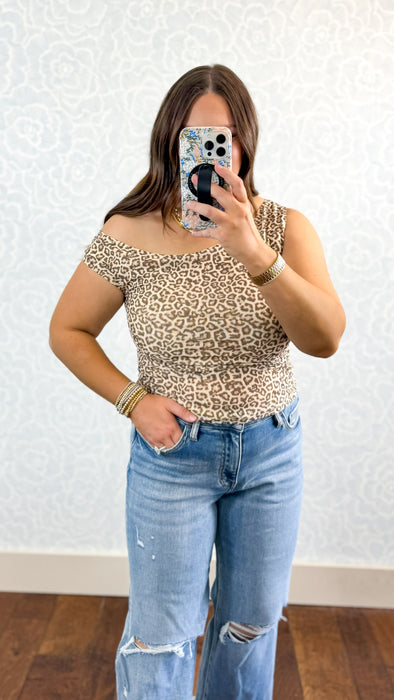 Leopard Asymmetrical Mesh Blouse