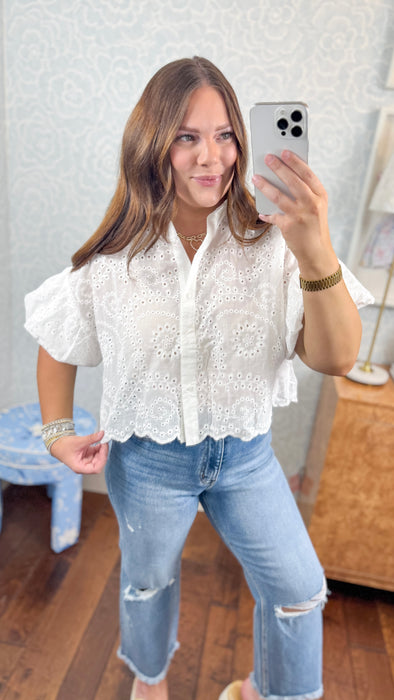 White Eyelet Bubble Sleeve Blouse