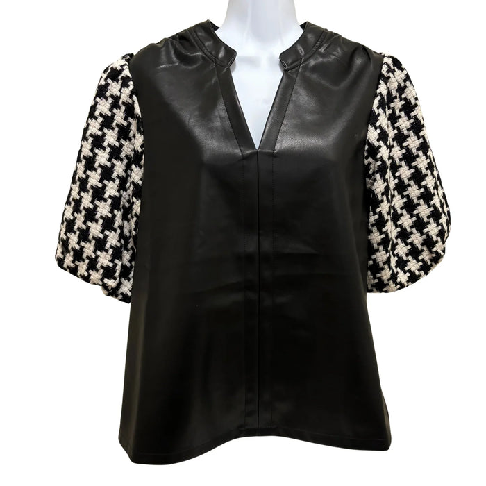 Houndstooth Sleeve Pleather Top size medium SALE