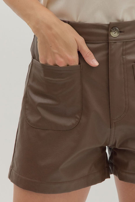 Pleather High Rise Shorts in Brown