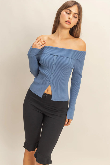Jada Off Shoulder Sweater Top - BLUE