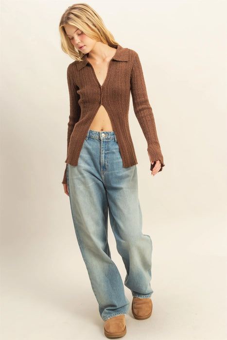 Chic Open Front Sweater in Brown