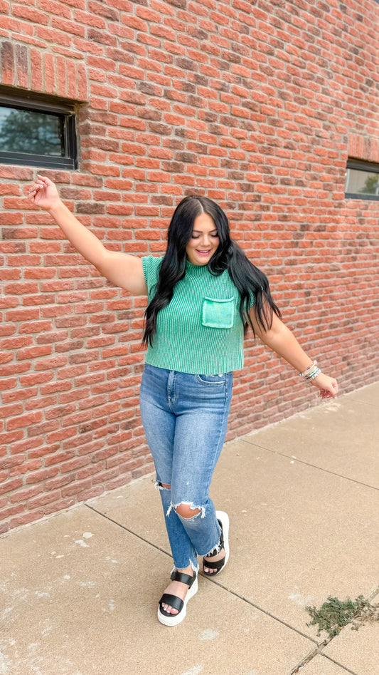 KELLY GREEN ACID WASHED MOCK NECK BLOUSE