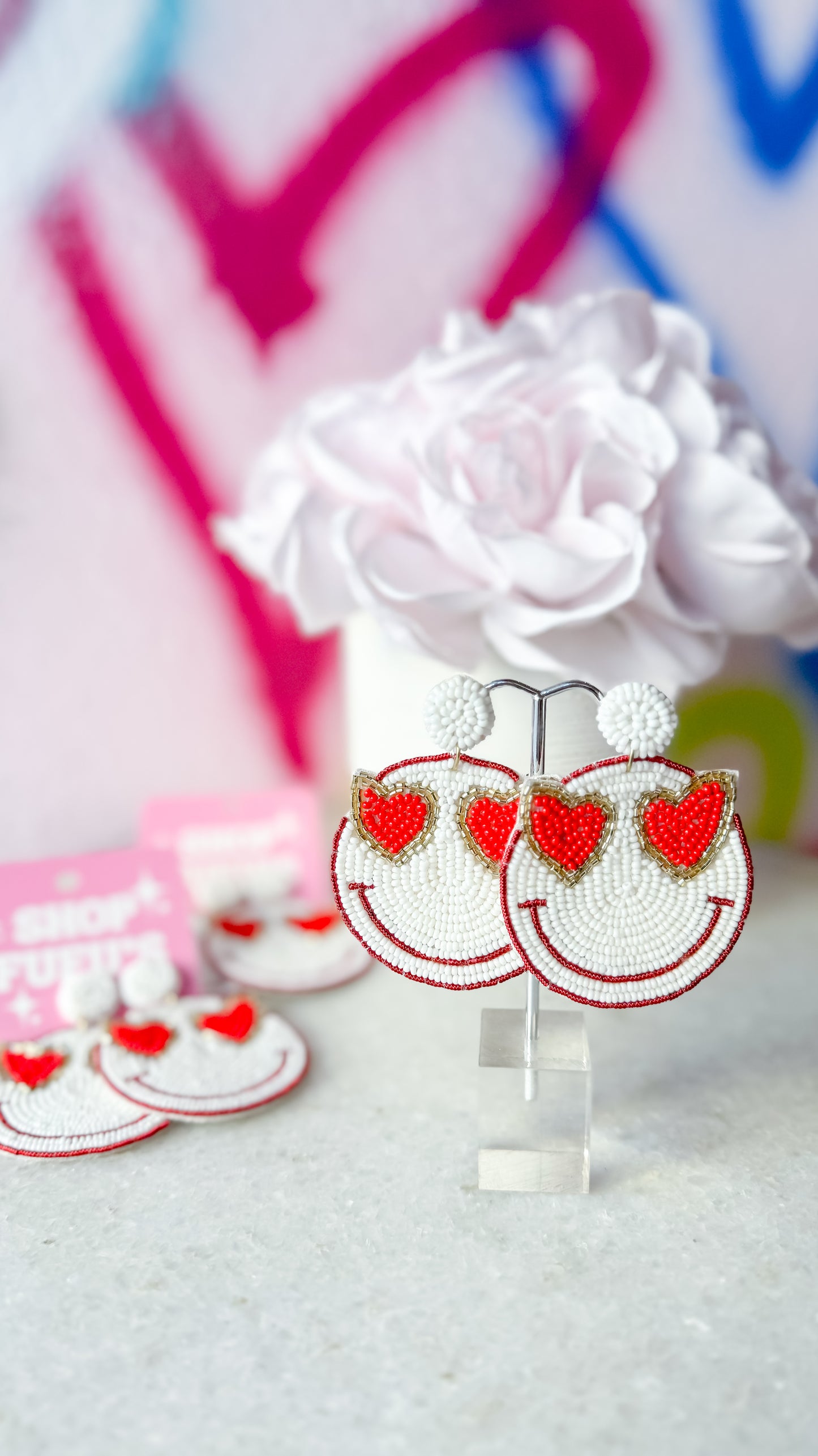 BEADED SMILEY FACE HEART EYE EARRINGS