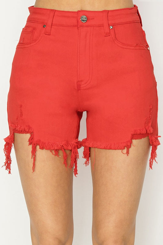 RED DISTRESSED HIGH RISE SHORTS