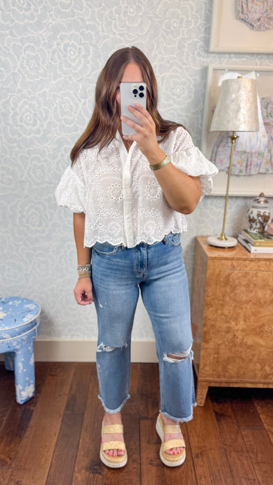 White Eyelet Bubble Sleeve Blouse