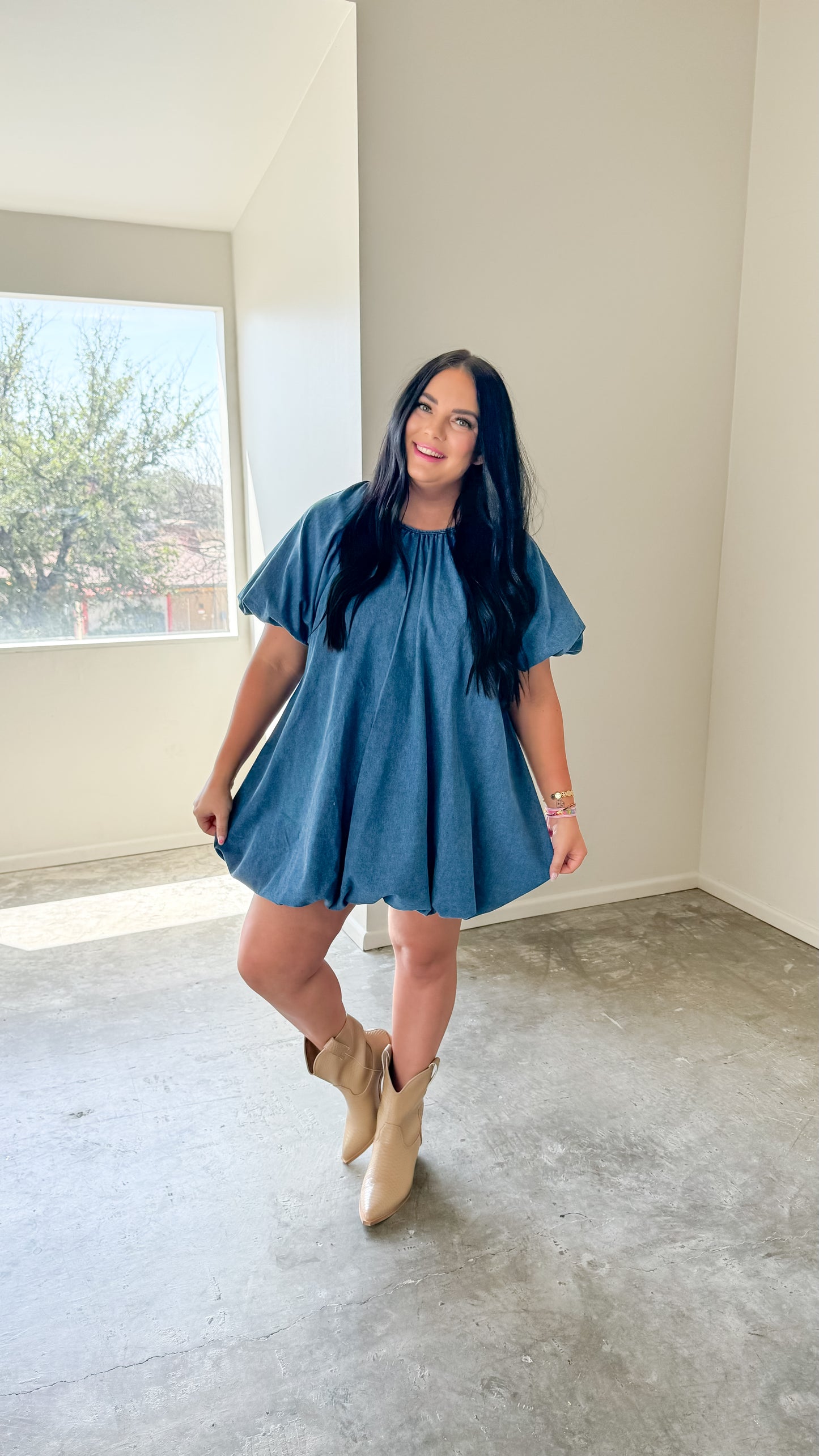 DENIM PUFF SLEEVE BUBBLE HEM DRESS