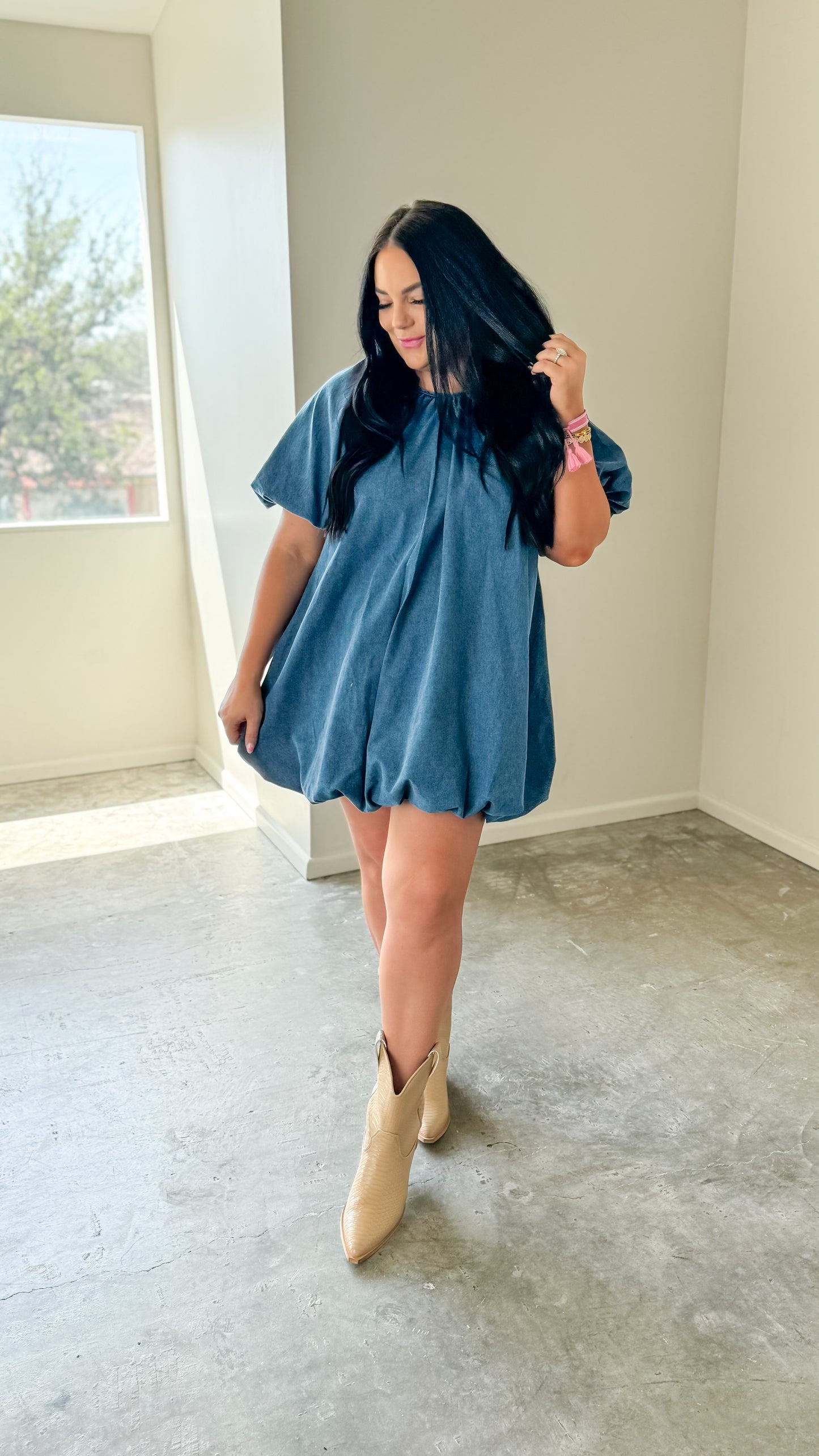 DENIM PUFF SLEEVE BUBBLE HEM DRESS