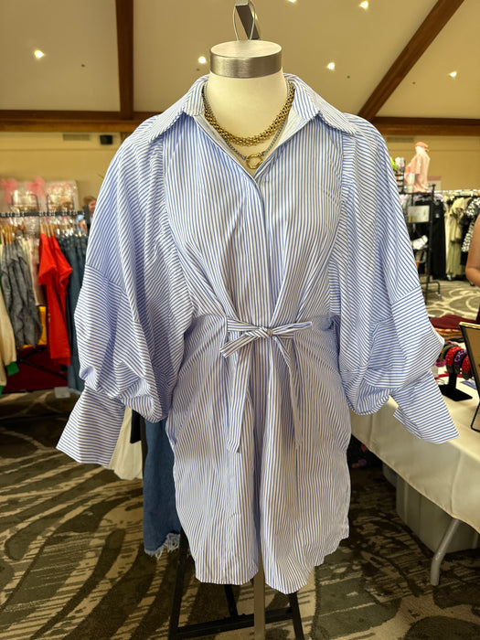 Blue Stripe Puff Sleeve Tie Dress