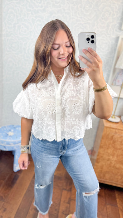 White Eyelet Bubble Sleeve Blouse