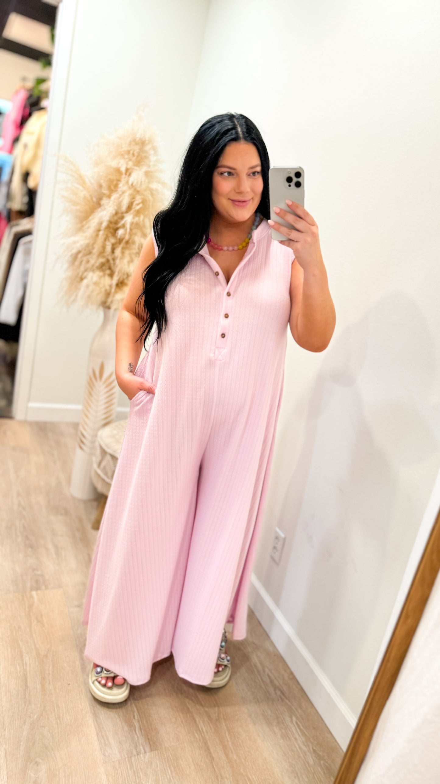 SOLID WIDE LEG JUMPSUIT IN PINK