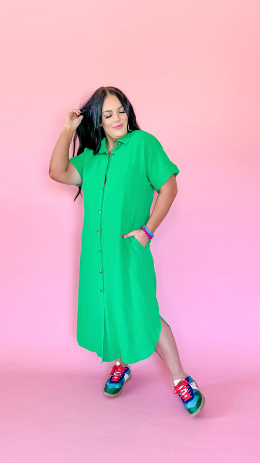 KELLY GREEN BUTTON DOWN MIDI