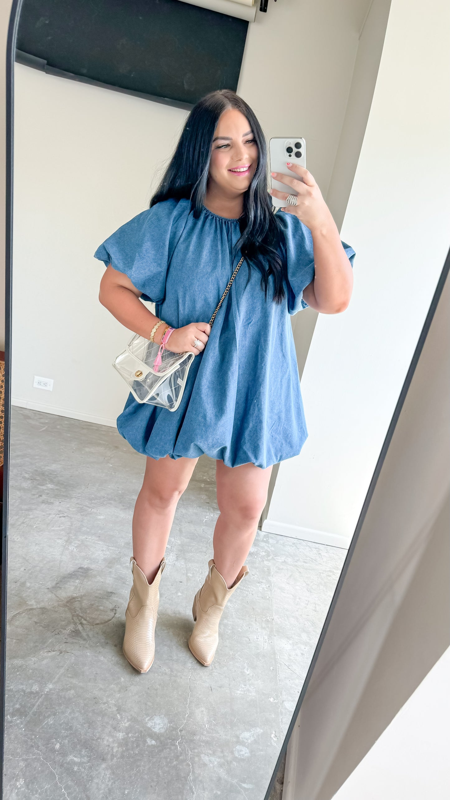 DENIM PUFF SLEEVE BUBBLE HEM DRESS