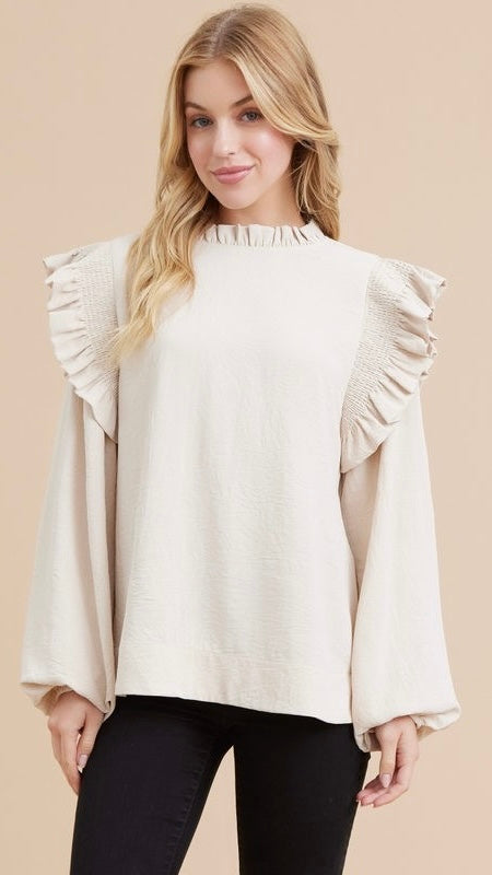 BASIC PUFF SLEEVE BLOUSE WITH RUFFLE DETAIL IN OATMEAL- SALE