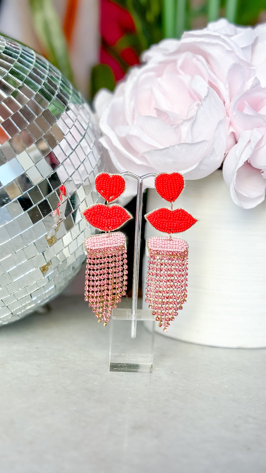 RHINESTONE AND BEADED LIP EARRINGS