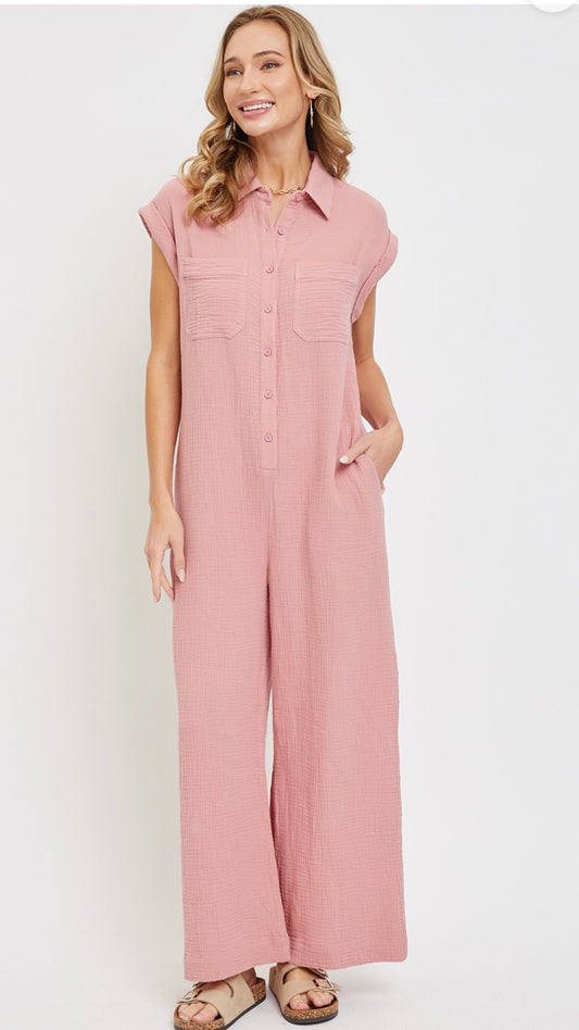 SOLID BUTTON DOWN JUMPSUIT IN ROSE
