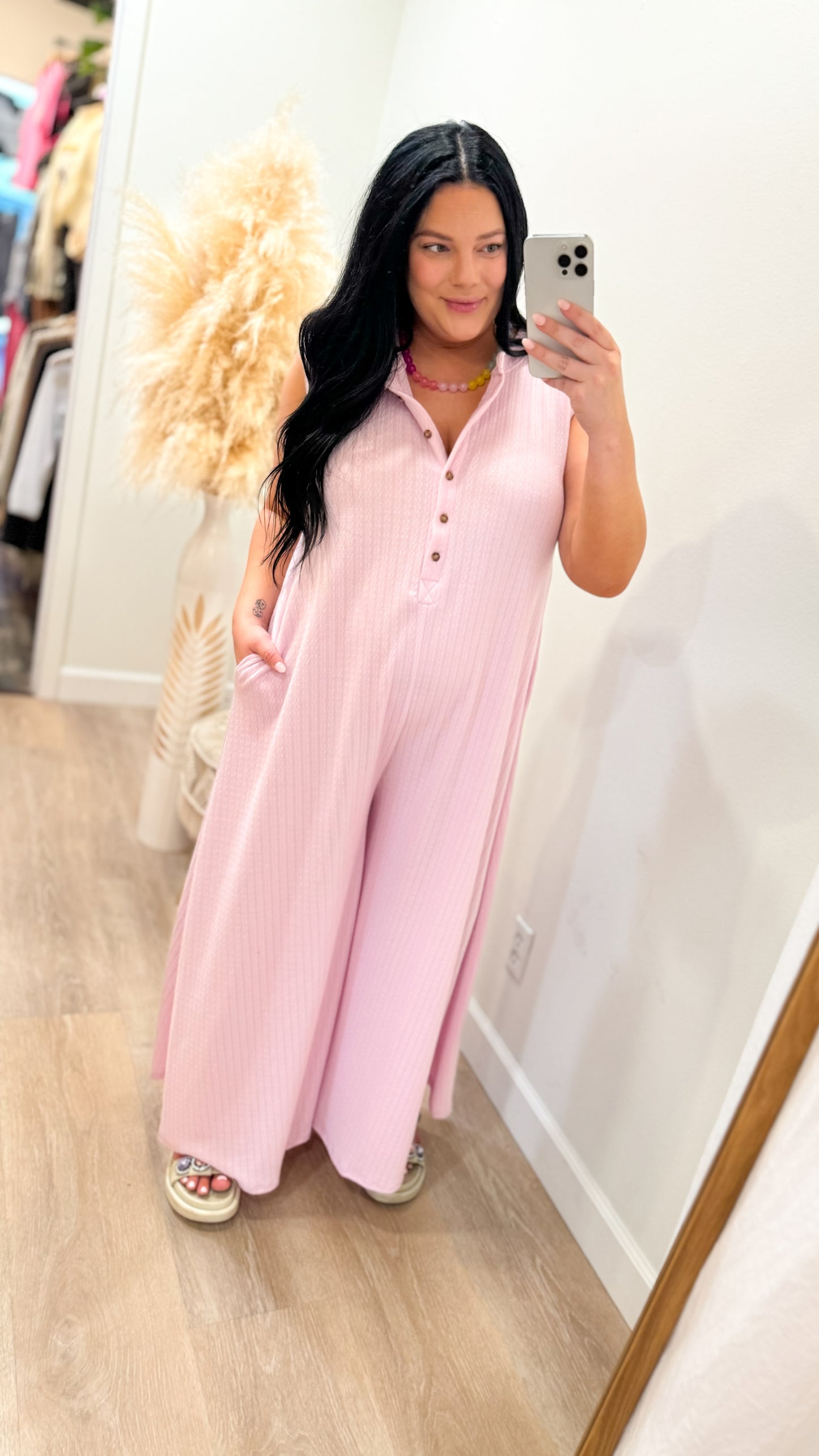 SOLID WIDE LEG JUMPSUIT IN PINK