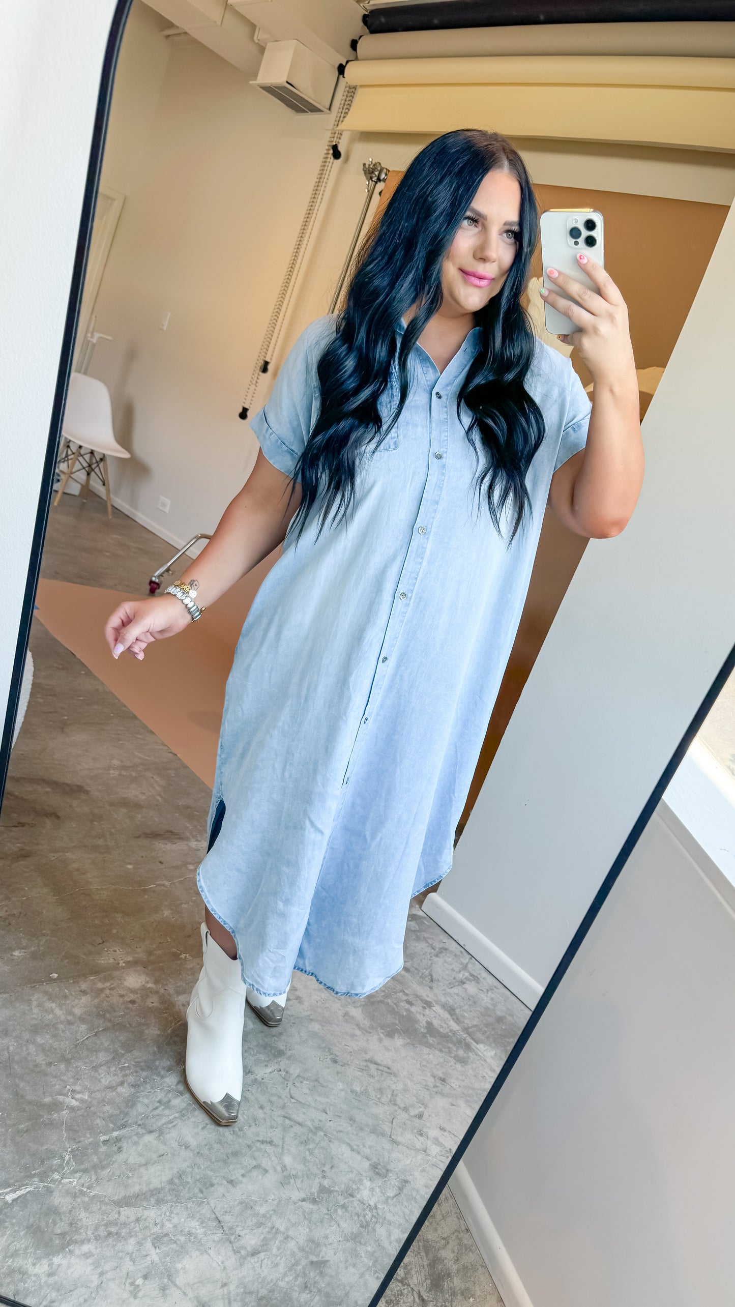 LIGHT WASHED DENIM BUTTON DOWN MIDI DRESS