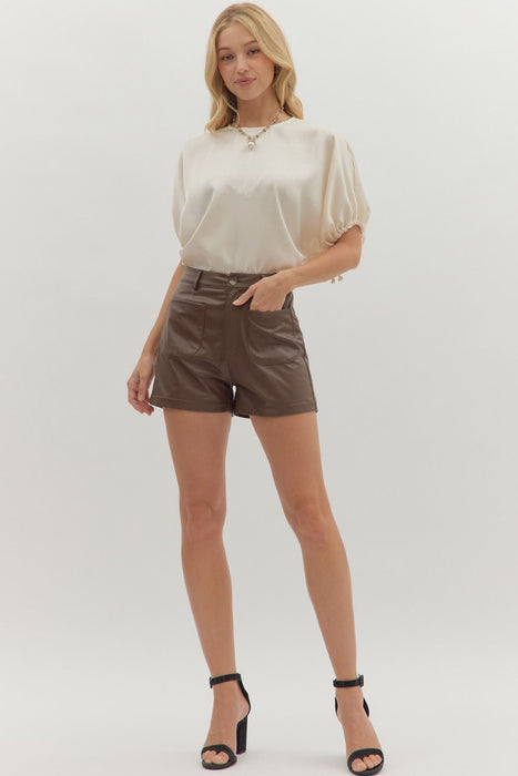 Pleather High Rise Shorts in Brown