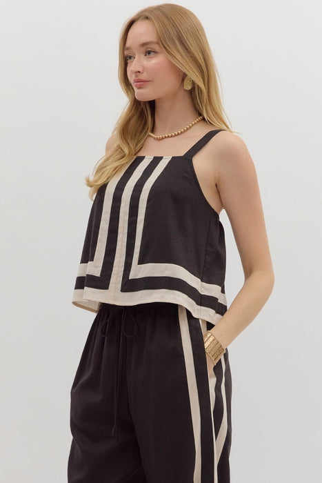 Cream & Black Linen Cropped Blouse