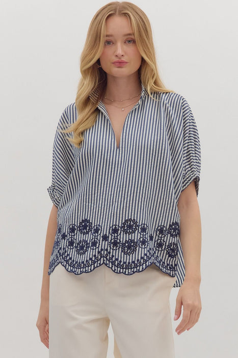 Seersucker Stripe Blouse in Navy