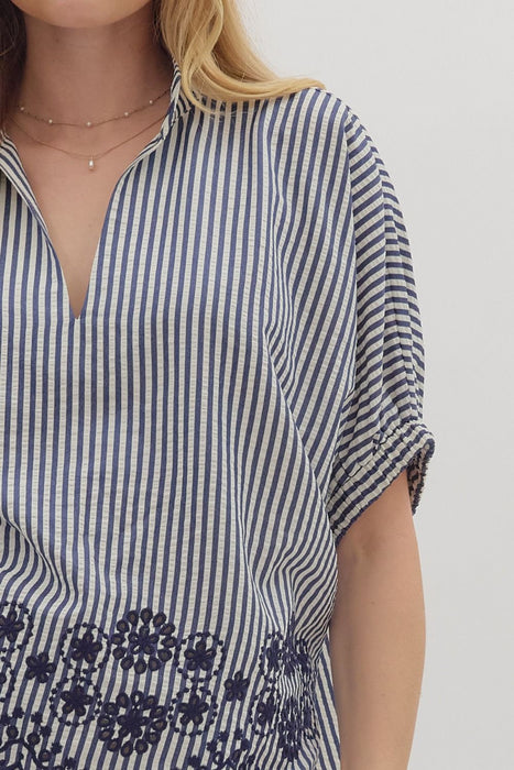 Seersucker Stripe Blouse in Navy