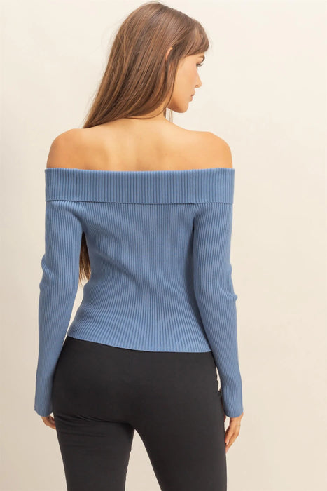 Jada Off Shoulder Sweater Top - BLUE